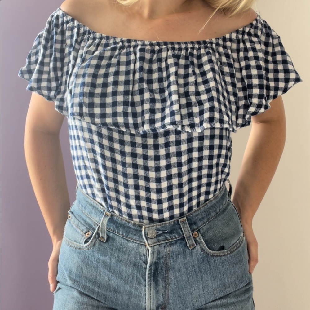 Royal Blue Checked Off-Shoulder Blouse